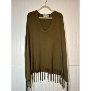 Michael Kors Womens Poncho V-Neck Pullover Sweater Fringe Sz  L/XL olive green